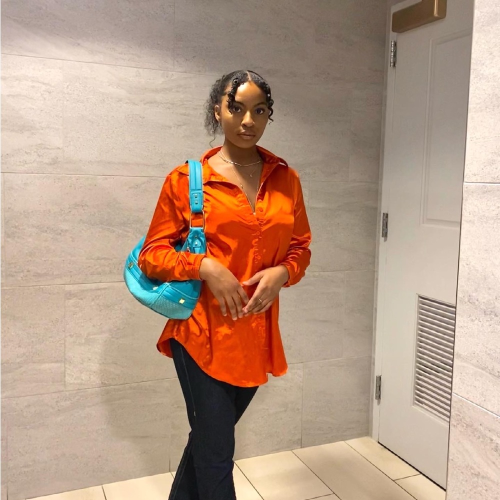 Orange Satin Button-Down Shirt